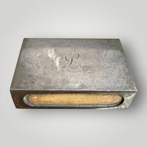 Antique Sterling Silver Match Safe Vesta Case Monogram L Wood Insert c1900